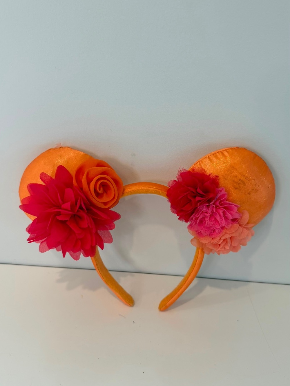 Disney Mickey Mouse Floral Ears Headband Orange Satin Fabric